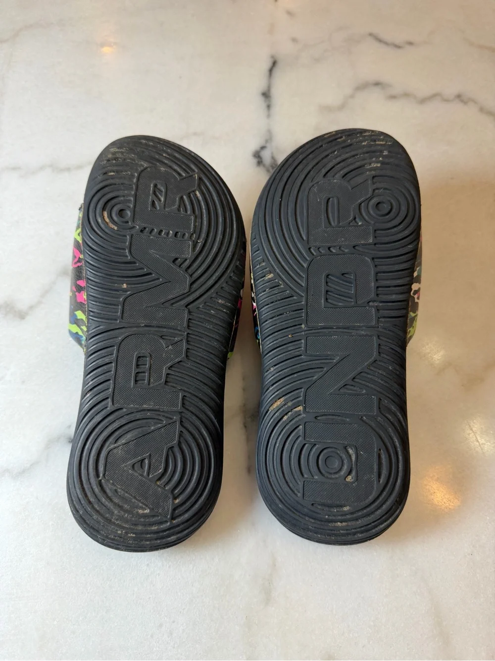 Under Armour Black Slides with Neon Pink, Green & Blue Camo Strap